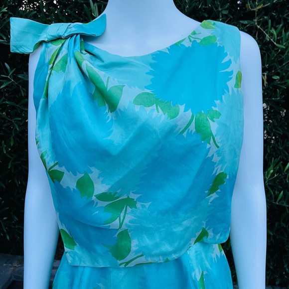 Vintage Blue Green Dress With Shoulder Bow - Picture 4 of 11